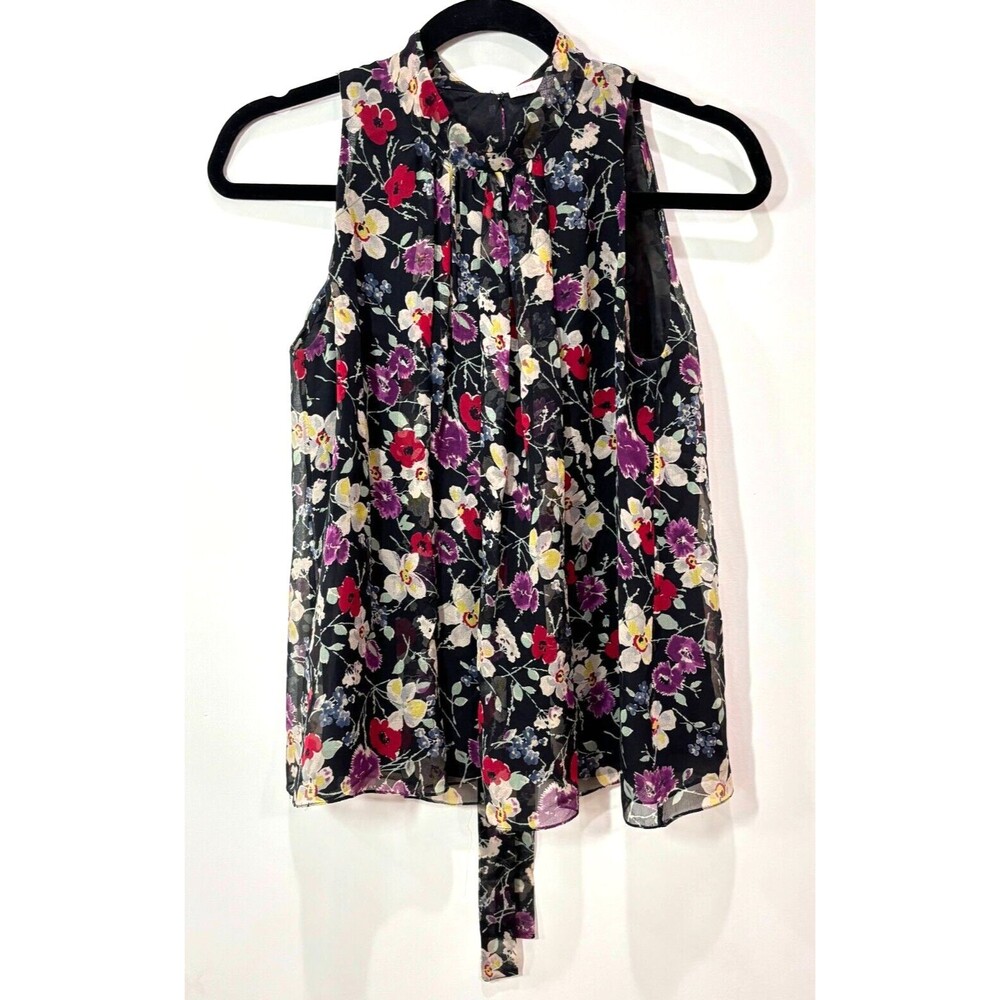 Floral Tie-Neck Sleeveless Blouse - Black with Purple & Red Floral